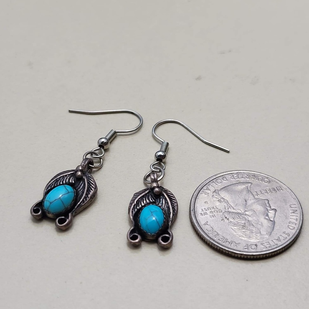 Vintage 925 Sterling Silver Turquoise Dangle Earrings Blue Southwestern Feather - Picture 3 of 8